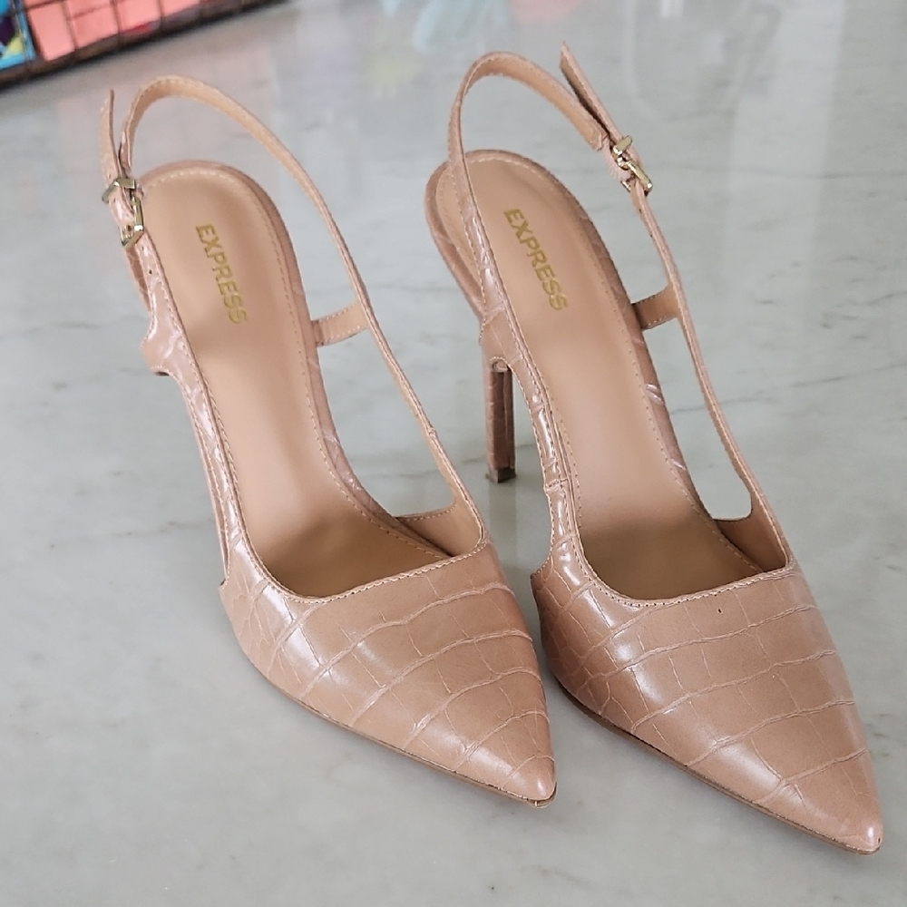 Express Beige Tan Nude Croc-Pattern Slingback Stiletto Heels Womens 8.5